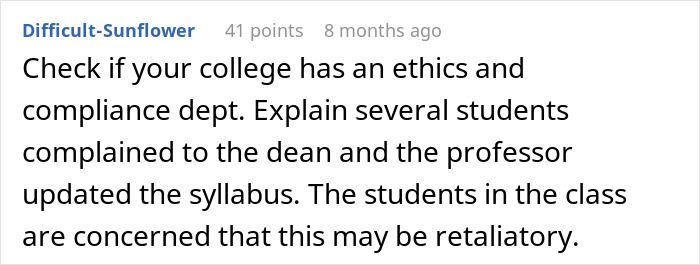Screenshot of an online comment discussing students pushing back after professor enforces phone rule without warning.