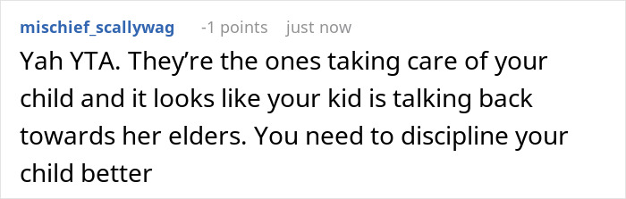 Screenshot of an online comment discussing grandparents disciplining a 3-year-old and parents banning their visits. Screenshot of an online comment discussing grandparents disciplining a 3-year-old and parents banning their visits.