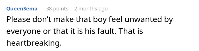Comment expressing concern for a boy feeling unwanted, highlighting emotional stress for mom of 6 babysitting her nephew.