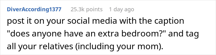 Screenshot of a social media comment about tagging relatives including mom, related to mom throws her child out on the street. Screenshot of a social media comment about tagging relatives including mom, related to mom throws her child out on the street.