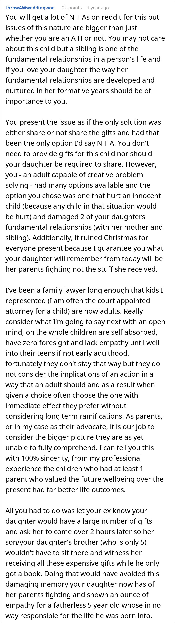 Comment discussing impact of uneven Christmas presents on sibling relationships and parenting decisions. Comment discussing impact of uneven Christmas presents on sibling relationships and parenting decisions.