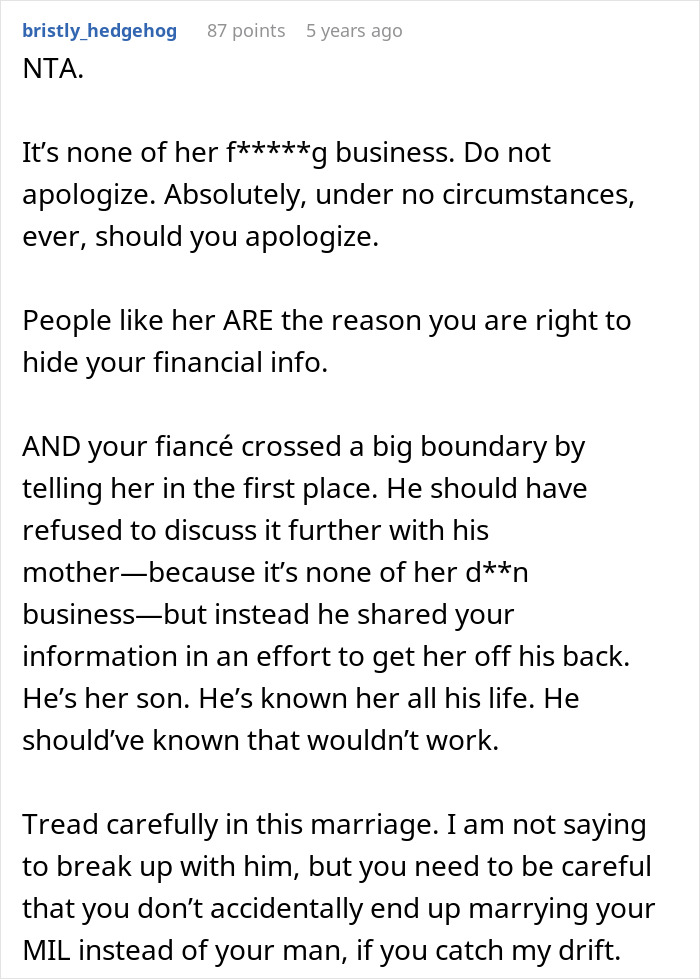 Screenshot of online comment advising a woman to hide her financial info from her mother-in-law, relating to yoga teacher income. Screenshot of online comment advising a woman to hide her financial info from her mother-in-law, relating to yoga teacher income.