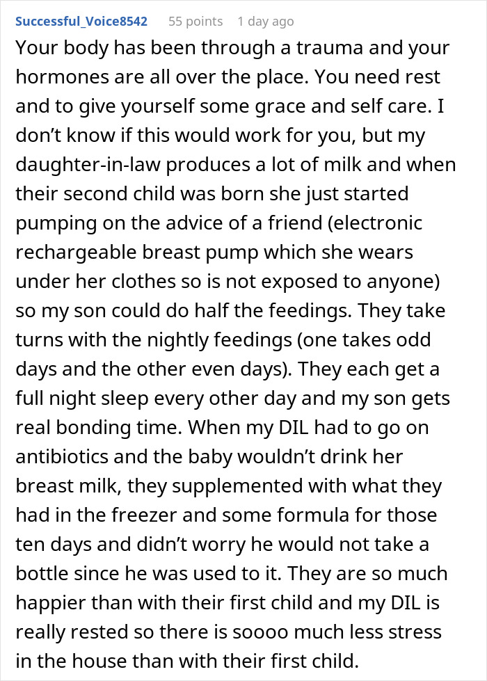 Comment about new mom using a breast pump and sharing baby feedings to reduce stress and help bond with baby. Comment about new mom using a breast pump and sharing baby feedings to reduce stress and help bond with baby.