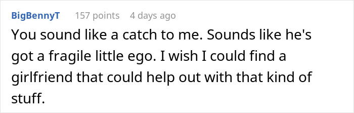 Screenshot of an online comment discussing fragile ego and a woman ready to dump her boyfriend over feeling emasculated. Screenshot of an online comment discussing fragile ego and a woman ready to dump her boyfriend over feeling emasculated.