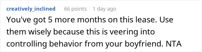 Reddit comment advising tenant to use lease months, warning about controlling boyfriend ban friends behavior Reddit comment advising tenant to use lease months, warning about controlling boyfriend ban friends behavior