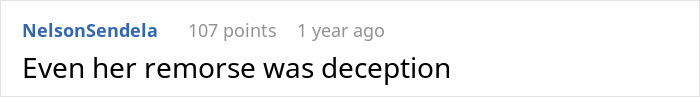 Comment text on screen saying Even her remorse was deception in a plain white background, relating to wife’s cheating revealed years later.