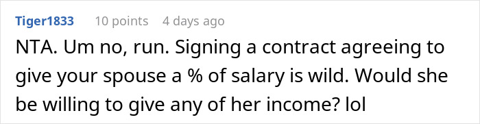 Screenshot of an online comment discussing a woman forcing her boyfriend to sign a contract to share his income.