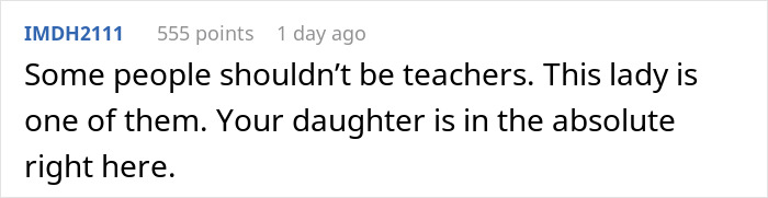 Screenshot of a social media comment criticizing a teacher after a mom struggles to contain her rage over daughter's emergency. Screenshot of a social media comment criticizing a teacher after a mom struggles to contain her rage over daughter's emergency.