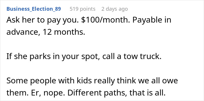 Screenshot of a discussion about a new neighbor hijacking a person&rsquo;s parking place despite refusal to switch spots.