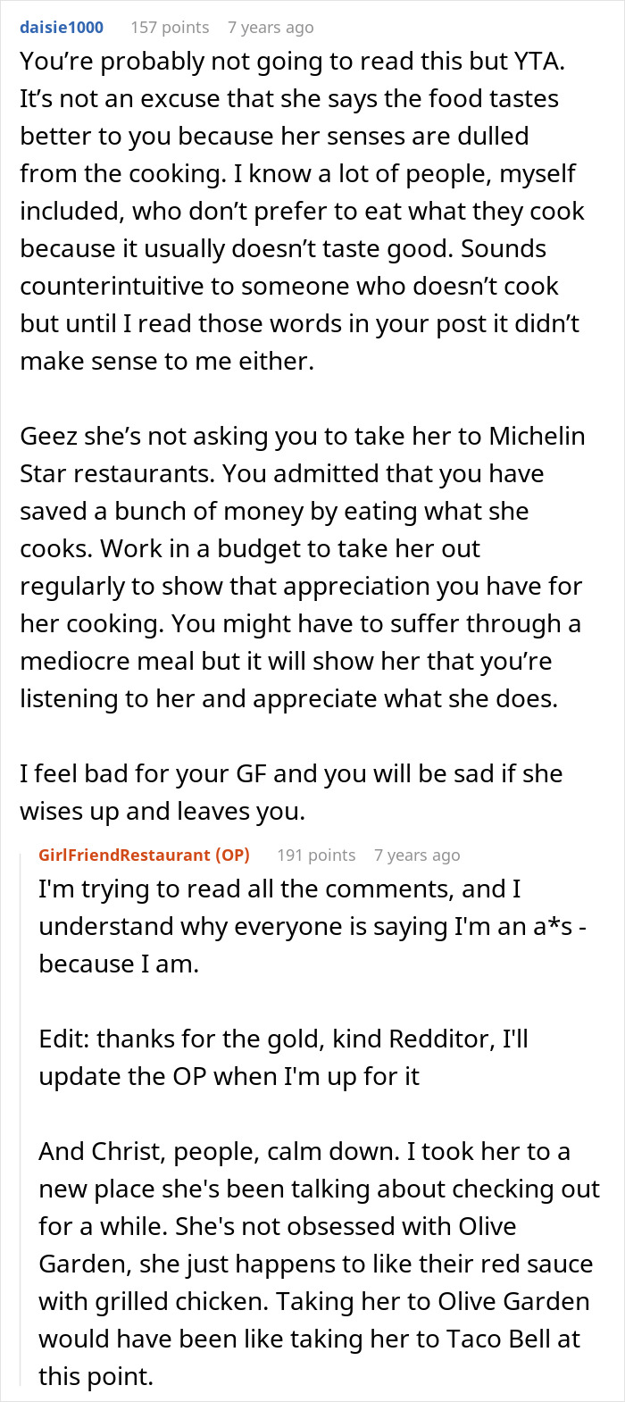 Reddit thread discussing a chef girlfriend and boyfriend not going to restaurants, sharing relationship advice. Reddit thread discussing a chef girlfriend and boyfriend not going to restaurants, sharing relationship advice.