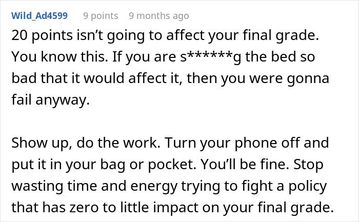 Screenshot of a student comment arguing that phone policy enforcement has little impact on final grades in a college class.
