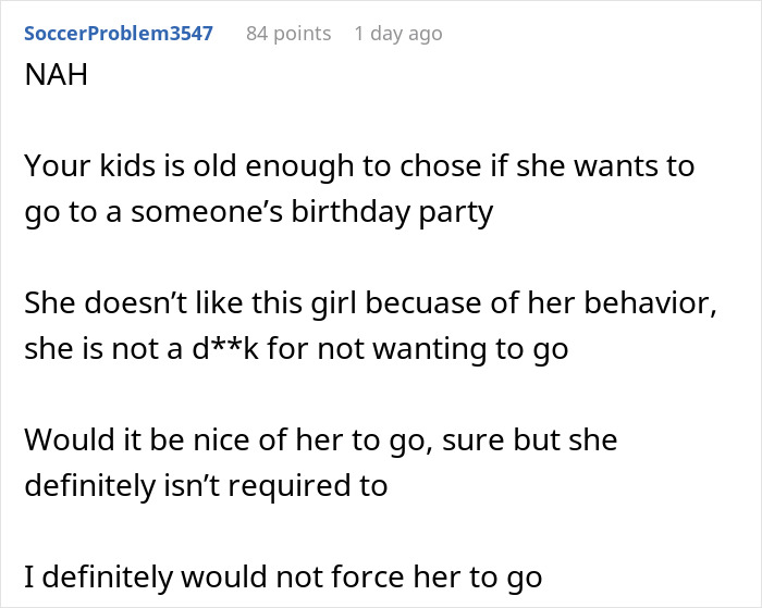 Reddit screenshot of comments about whether to make daughter attend a birthday others are skipping Reddit screenshot of comments about whether to make daughter attend a birthday others are skipping