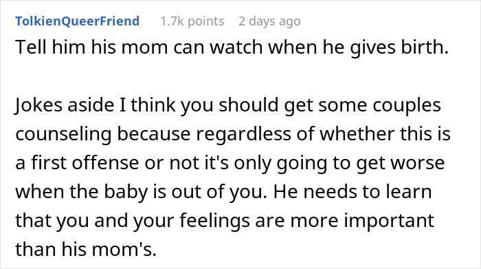 Comment discussing pregnant woman&rsquo;s feelings about fianc&eacute;&rsquo;s mom in delivery room and suggesting counseling for compromise.