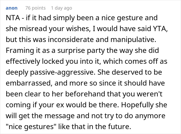 Screenshot of a forum post discussing a woman being blasted for skipping her birthday party her sister organized due to her ex being invited. Screenshot of a forum post discussing a woman being blasted for skipping her birthday party her sister organized due to her ex being invited.