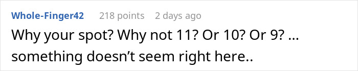 Comment discussing confusion about parking spot numbers in a conversation about a new neighbor hijacking a parking place.