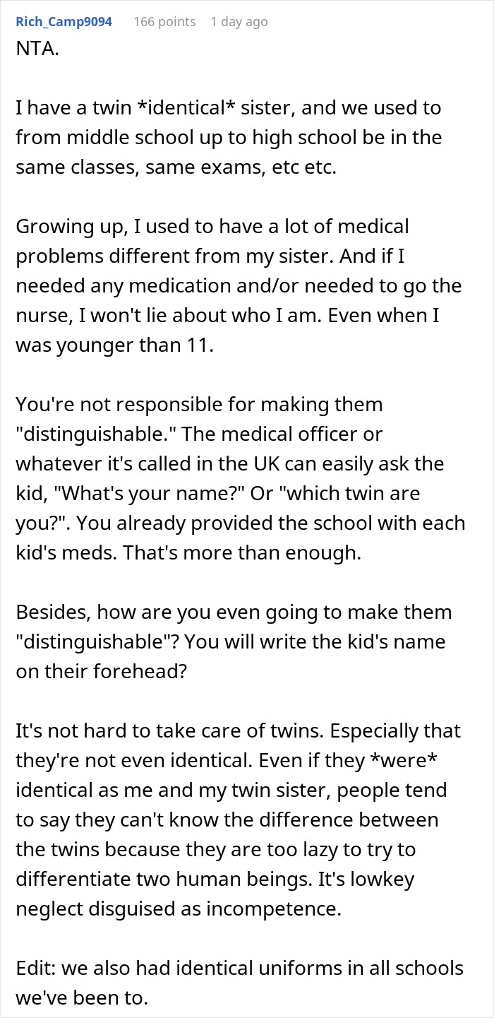 Reddit comment discussing challenges of distinguishing twins and refusing to alter their similarity for easier school identification. Reddit comment discussing challenges of distinguishing twins and refusing to alter their similarity for easier school identification.