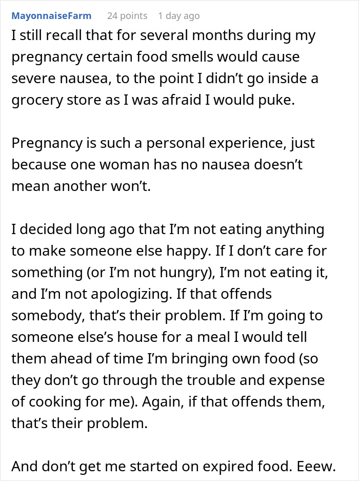 Pregnant woman shares experience with nausea and refusing expired food from her pantry and mother-in-law’s meals.