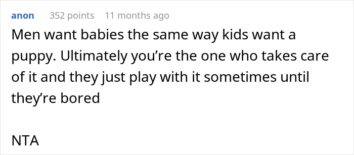 Reddit comment screenshot about men treating babies like puppies, featuring the keyword mom regrets becoming a parent
