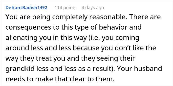 Screenshot of a Reddit comment discussing in-laws refusing to take grandchild’s safety seriously and babysitting ban consequences. Screenshot of a Reddit comment discussing in-laws refusing to take grandchild’s safety seriously and babysitting ban consequences.