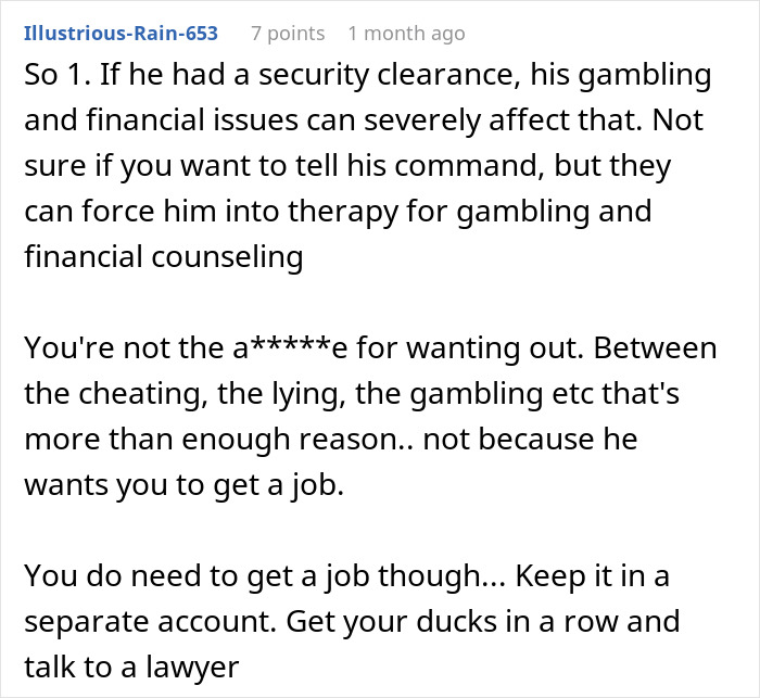 Comment discussing financial problems and advice for a SAHM wife facing relationship and divorce challenges.