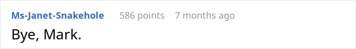 Screenshot of online comment by Ms-Janet-Snakehole saying Bye, Mark, related to woman snapping at MIL over controlling gift. Screenshot of online comment by Ms-Janet-Snakehole saying Bye, Mark, related to woman snapping at MIL over controlling gift.