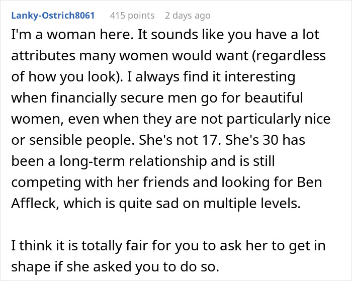 Comment discussing a woman demanding her swimmer boyfriend resemble her friend’s partner and his response. Comment discussing a woman demanding her swimmer boyfriend resemble her friend’s partner and his response.