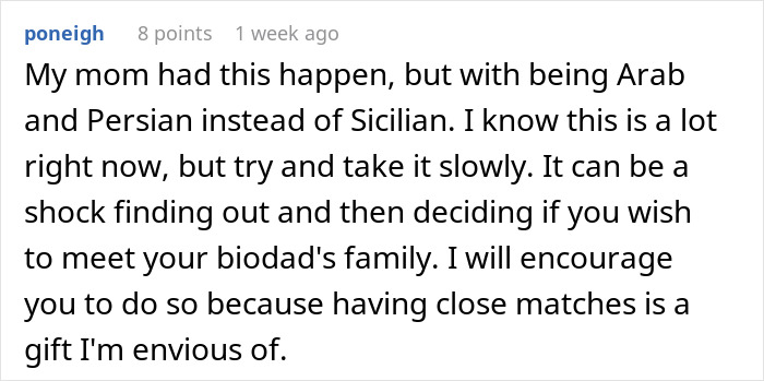 Comment about man discovering secret family after doing ancestry test, discussing emotional impact and family connections.