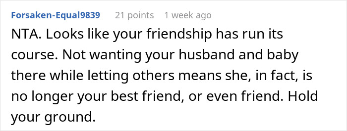 Screenshot of an online comment discussing a woman banning her best friend&rsquo;s baby and husband from her engagement party.