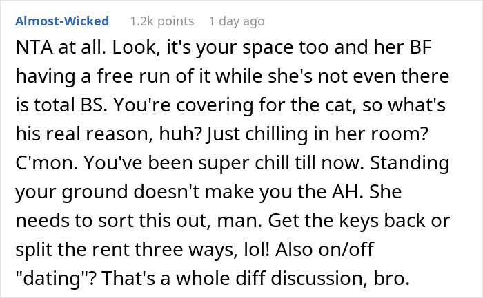 Screenshot of a conversation discussing roommate boyfriend vacation drama and boundaries around shared living space. Screenshot of a conversation discussing roommate boyfriend vacation drama and boundaries around shared living space.
