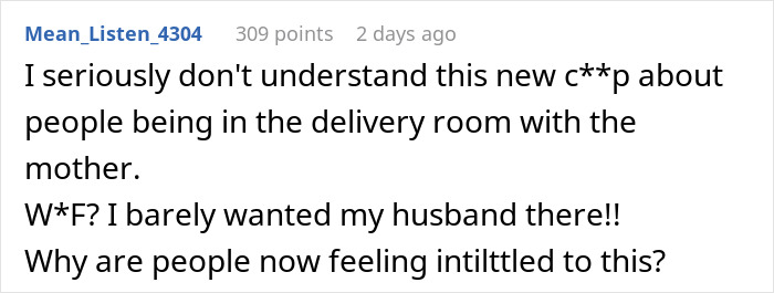 Commenter expressing confusion about family presence in delivery room, discussing pregnant woman and fianc&eacute;&rsquo;s mom compromise.