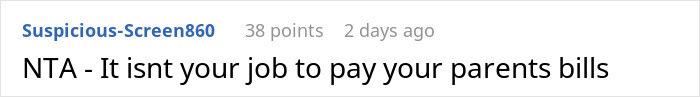 Screenshot of a Reddit comment stating it is not a child&rsquo;s job to pay their parents&rsquo; bills.