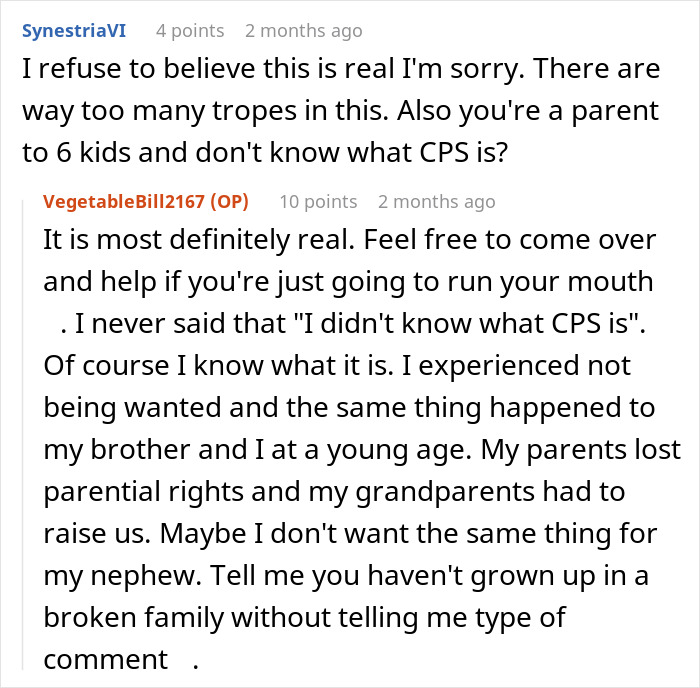 Screenshot of online discussion about a stressed mom of 6 overwhelmed when brother blocks her number while babysitting his son.