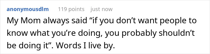 Comment about family advice on privacy and actions, highlighting aunt camera family parole concerns.