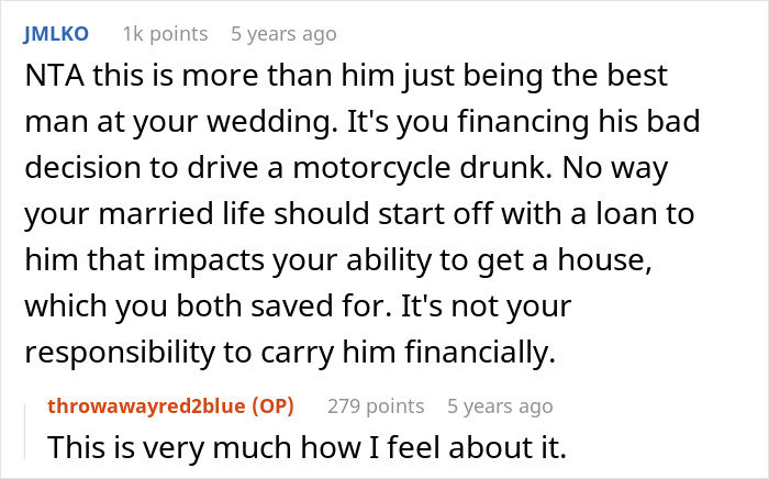 Reddit comment discussing fiance, wedding financial responsibility, and lending money to a friend in a relationship issue.