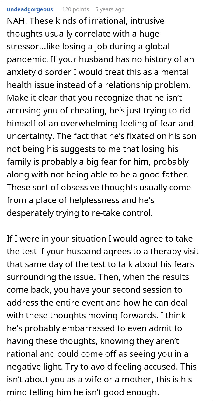 Commenter explaining husband’s anxiety about paternity test for 3-year-old son and suggesting therapy instead. Commenter explaining husband’s anxiety about paternity test for 3-year-old son and suggesting therapy instead.
