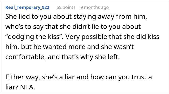 Screenshot of a Reddit comment discussing trust issues and a male bestie trying to make a move on a girlfriend. Screenshot of a Reddit comment discussing trust issues and a male bestie trying to make a move on a girlfriend.