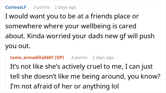Screenshot of a Reddit conversation about a mom blaming her daughter for choosing dad in a divorce and excluding her from life. Screenshot of a Reddit conversation about a mom blaming her daughter for choosing dad in a divorce and excluding her from life.