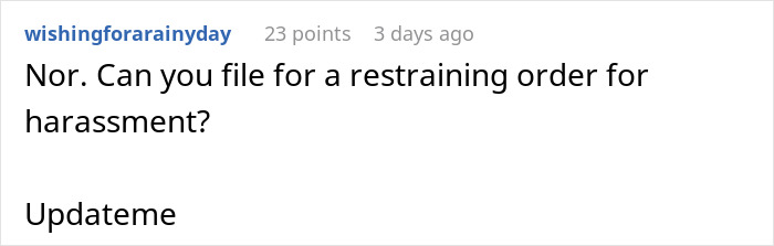 Reddit comment discussing filing a restraining order for harassment after a coworker films to prove disability claim.