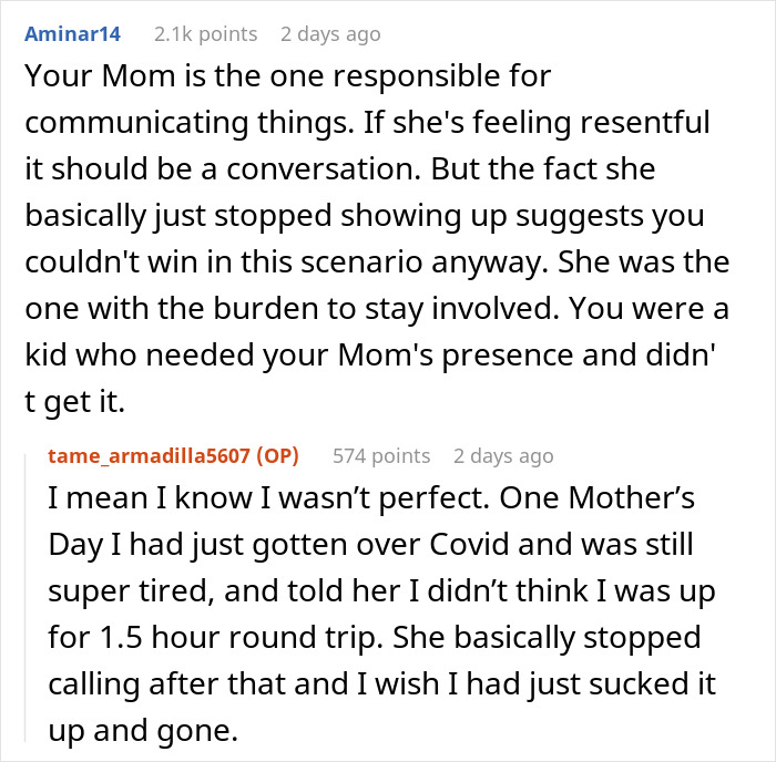 Mom blames daughter for picking dad in divorce, causing resentment and refusal to stay involved in her life. Mom blames daughter for picking dad in divorce, causing resentment and refusal to stay involved in her life.