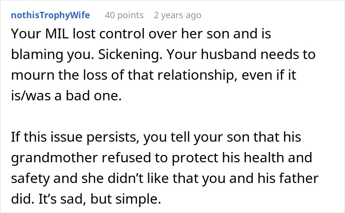Comment discussing a mother-in-law who keeps kissing newborn and causing family tension over health and safety concerns.