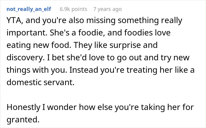 Comment discussing a chef girlfriend and boyfriend not going to restaurants, highlighting foodies' love for new experiences. Comment discussing a chef girlfriend and boyfriend not going to restaurants, highlighting foodies' love for new experiences.