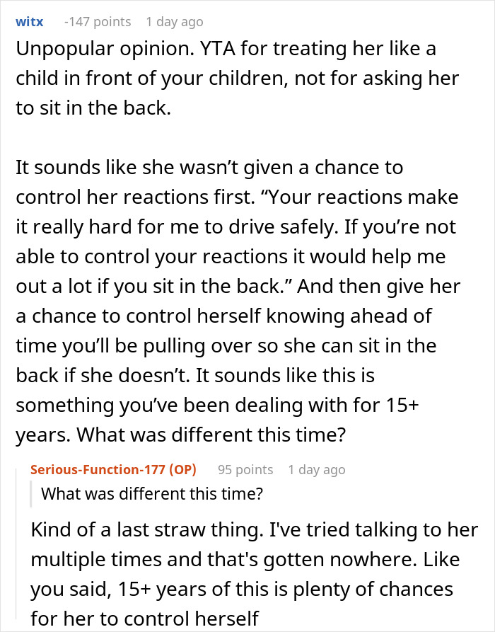 Screenshot of a forum discussion about a husband banning wife from front seat after her anxiety meltdown risks safety. Screenshot of a forum discussion about a husband banning wife from front seat after her anxiety meltdown risks safety.