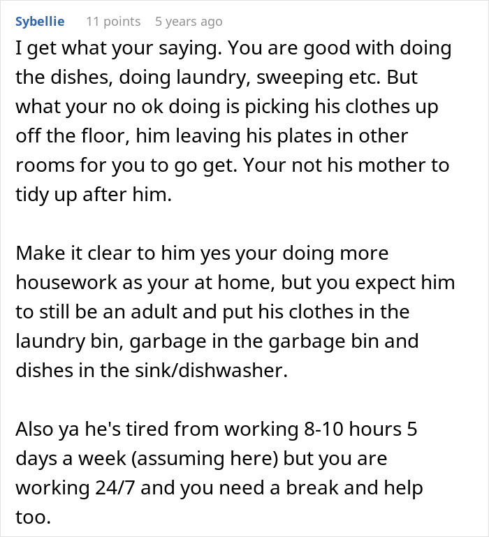 Alt text: Screenshot of a comment discussing housework, cleaning responsibilities, and a wife stopping cleaning her husband's mess.