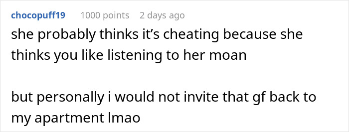 Screenshot of a Reddit comment discussing a guy refusing to embarrass his roommate by mentioning hearing her moan. Screenshot of a Reddit comment discussing a guy refusing to embarrass his roommate by mentioning hearing her moan.