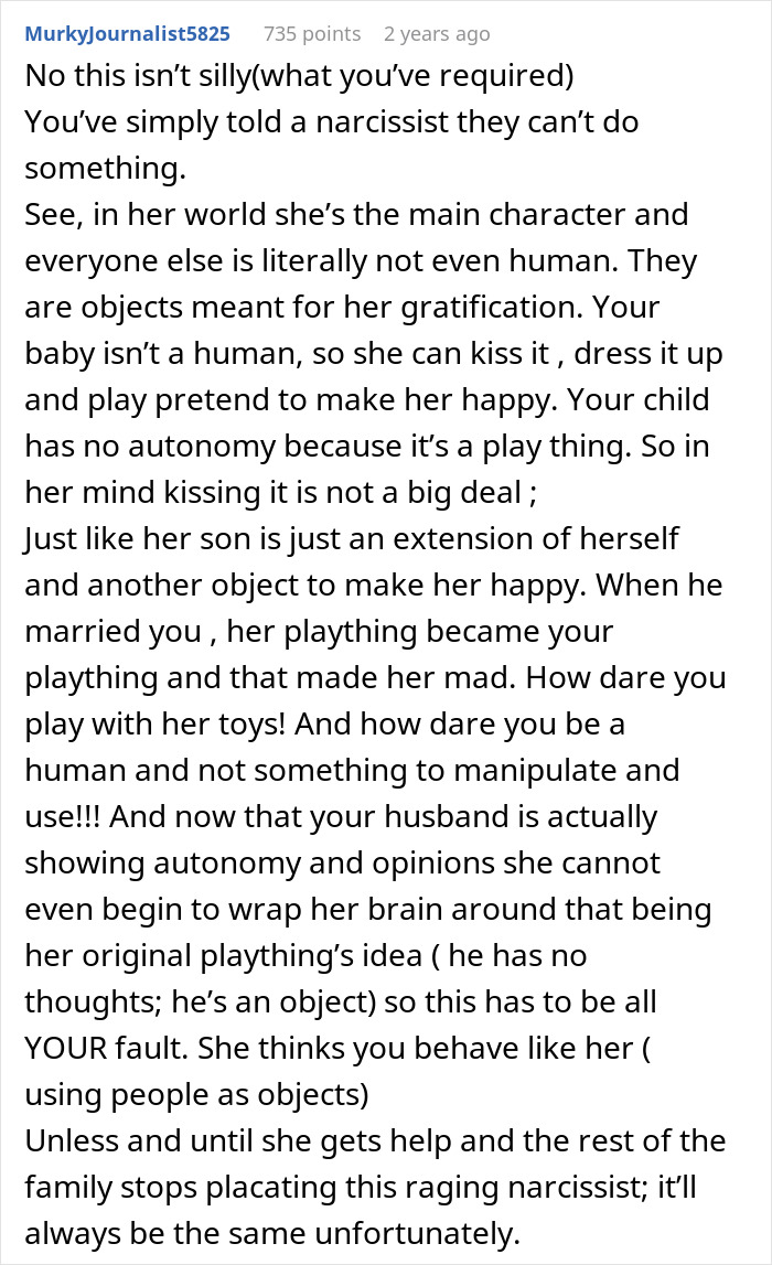 Text post discussing a narcissist&rsquo;s behavior with a newborn and how a mil keeps kissing newborn without regard.