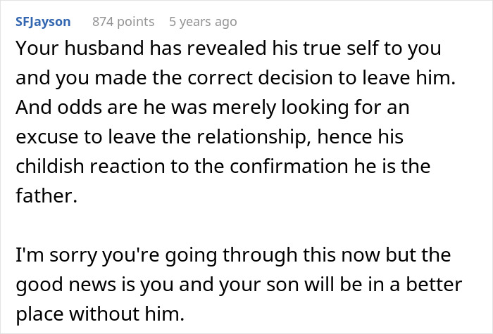 Screenshot of a Reddit comment discussing a man demanding a paternity test and reacting poorly to therapy advice.