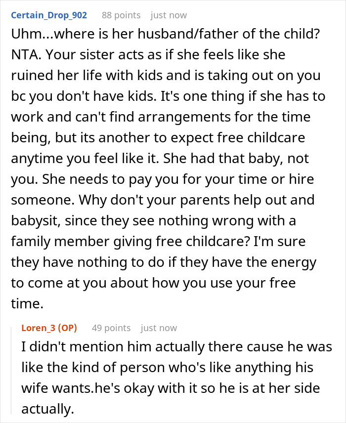 Reddit discussion about a woman fleeing her home after family pressures force her to provide free childcare. Reddit discussion about a woman fleeing her home after family pressures force her to provide free childcare.