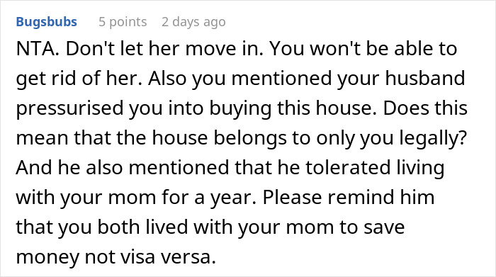 Comment discussing wife refusing to house husband's relatives, highlighting conflict over in-laws living together.
