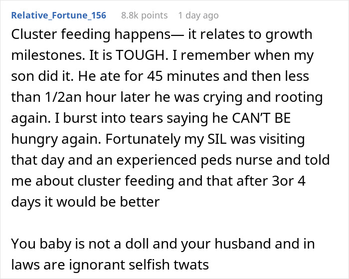 New mom shares struggle with cluster feeding while husband and inlaws refuse to help with baby care. New mom shares struggle with cluster feeding while husband and inlaws refuse to help with baby care.