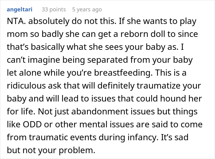 Reddit comment discussing cousin with cancer wanting to borrow baby to experience motherhood and the concerns raised. Reddit comment discussing cousin with cancer wanting to borrow baby to experience motherhood and the concerns raised.